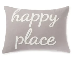 "Happy Place" Gray Lumbar Throw Pillow