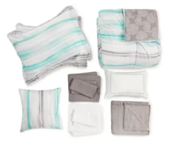 Aqua & Gray Stripe Queen 14-Piece Reversible Comforter Set