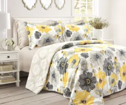 Leah White, Yellow & Gray Floral Comforter Set