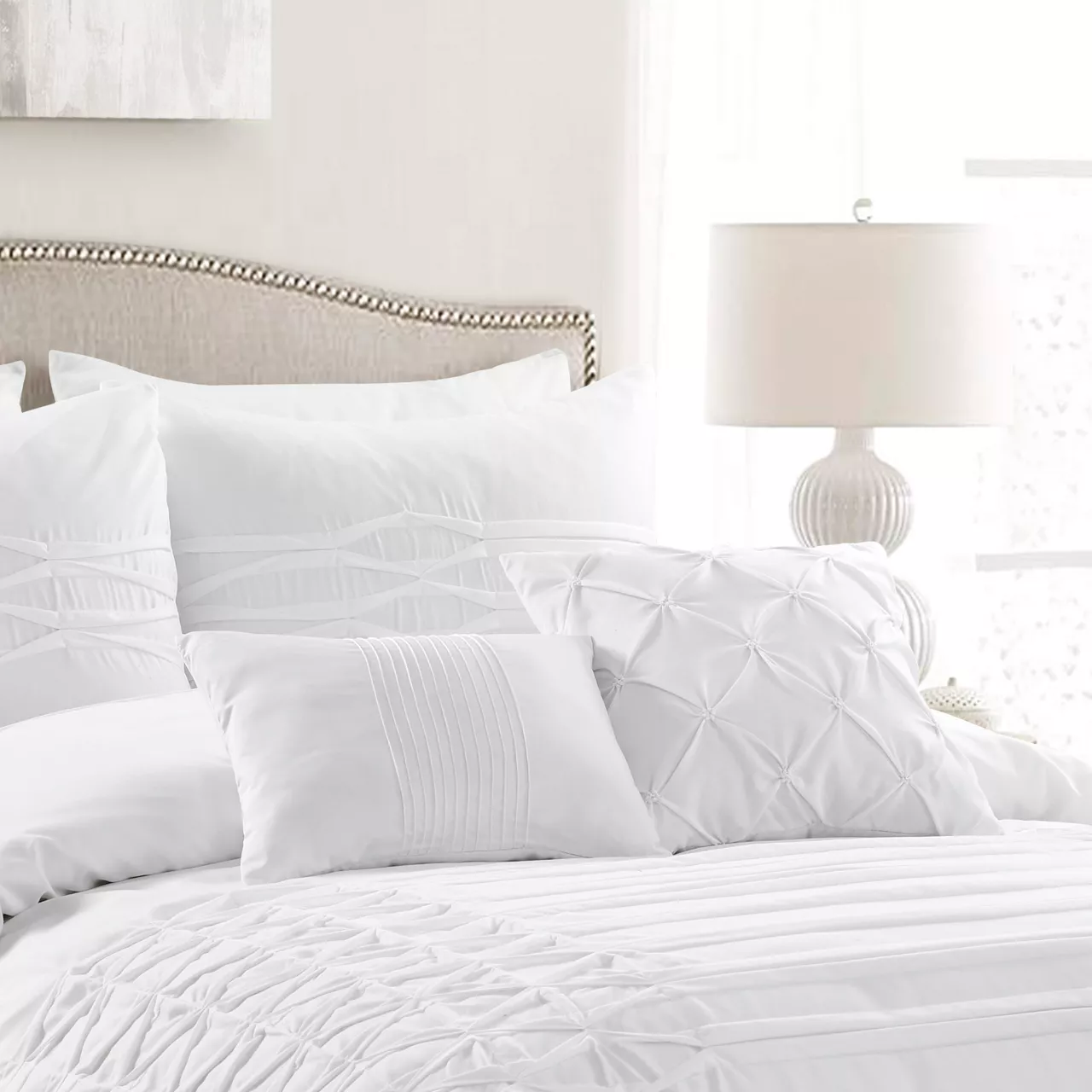 Aurora White Pleated Pintuck Full/Queen 5-Piece Comforter Set 6 Aurora White Pleated Pintuck Full/Queen 5-Piece Comforter Set - Image 6