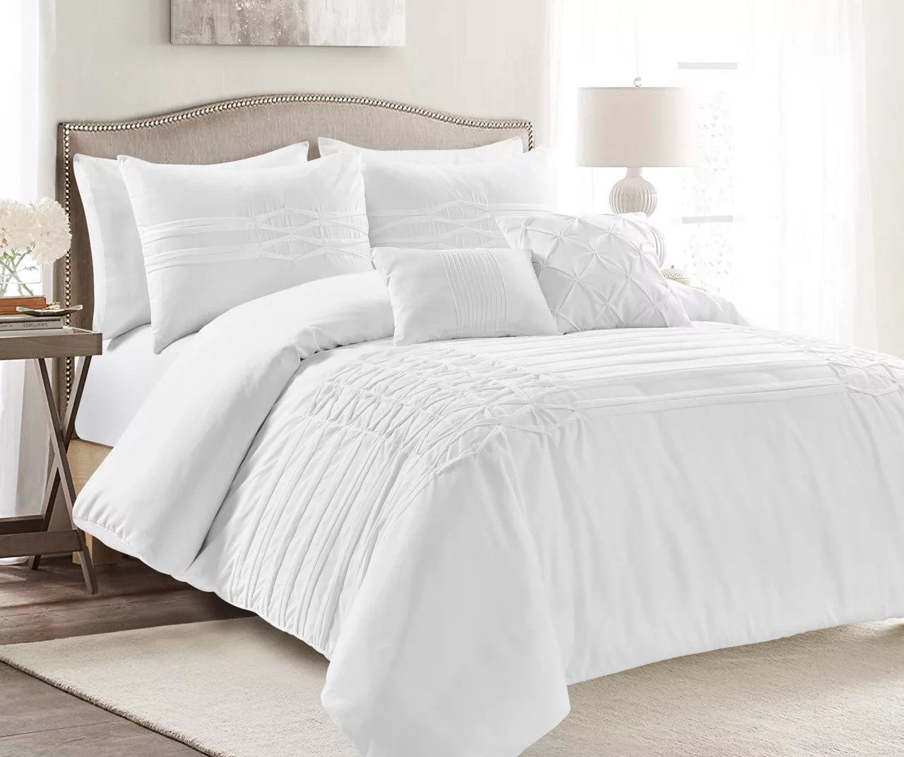 Aurora White Pleated Pintuck Full/Queen 5-Piece Comforter Set 1 Aurora White Pleated Pintuck Full/Queen 5-Piece Comforter Set