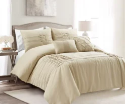 Aurora Beige Pleated Pintuck Full/Queen 5-Piece Comforter Set