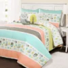 Coral & Turquoise Owl Stripe Full/Queen 5-Piece Quilt Set