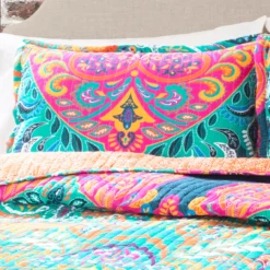 Turquoise & Hot Pink Ornate Paisley Boho Chic Full/Queen 3-Piece Quilt Set -Hoover Sales Store 810552949 11