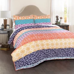 Fuchsia & Orange Bohemian Pattern Stripe Full/Queen 3-Piece Quilt Set -Hoover Sales Store 810552951 11