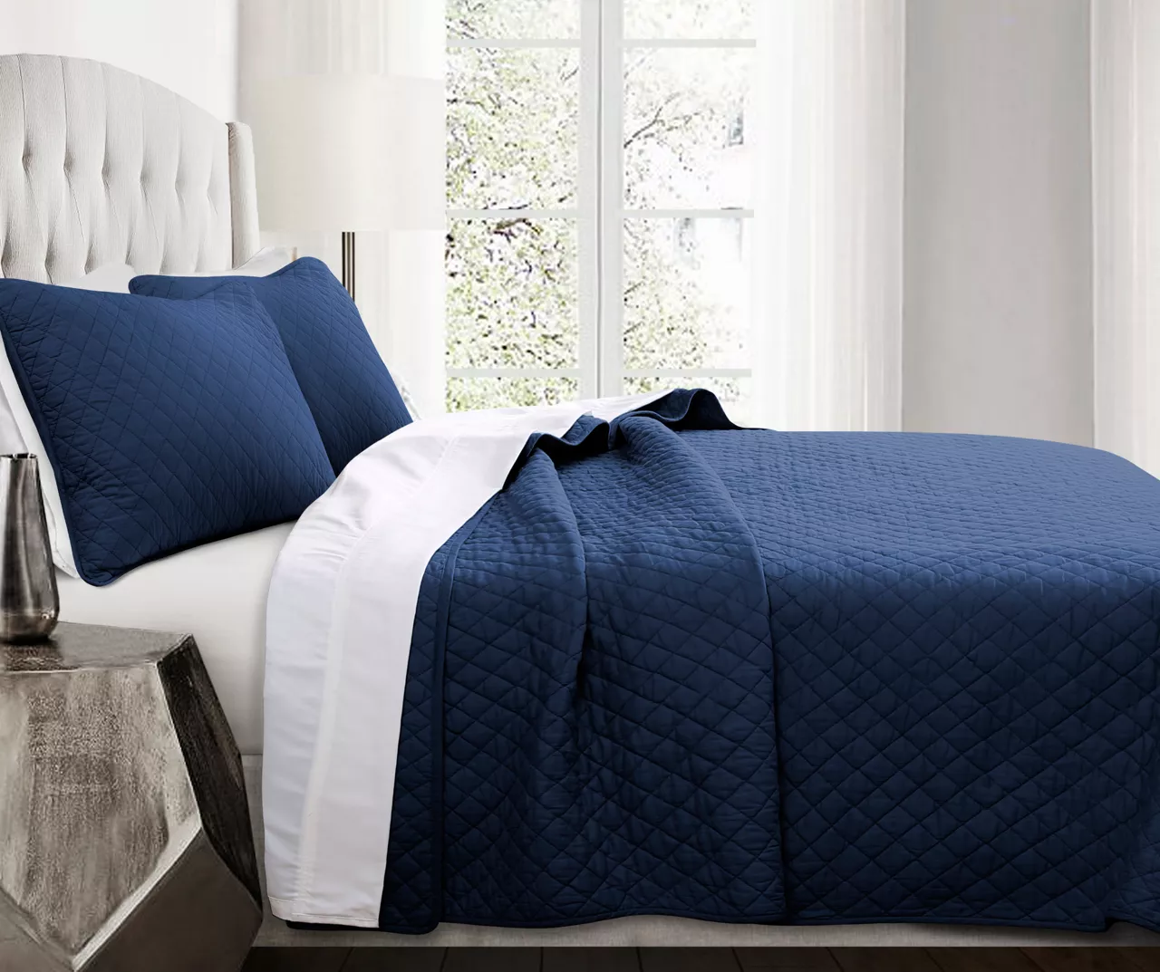 Ava Navy Diamond-Quilted Full/Queen 3-Piece Quilt Set 1 Ava Navy Diamond-Quilted Full/Queen 3-Piece Quilt Set