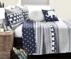 Navy & White Elephant Geometric Stripe Twin 4-Piece Quilt Set -Hoover Sales Store 810552964 11