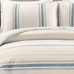 Beige & Blue Stripe Full/Queen 3-Piece Quilt Set -Hoover Sales Store 810552972 2