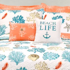 White, Coral & Blue Coastal Reef King 7-Piece Quilt Set -Hoover Sales Store 810552983 2