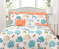 White, Coral & Blue Coastal Reef King 7-Piece Quilt Set