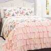 White & Pink Flutter Butterfly Ruffle Full/Queen 3-Piece Quilt Set