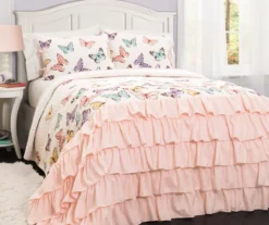 White & Pink Flutter Butterfly Ruffle Full/Queen 3-Piece Quilt Set