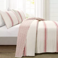 Beige & Red Stripe Full/Queen 3-Piece Quilt Set -Hoover Sales Store 810553004 11