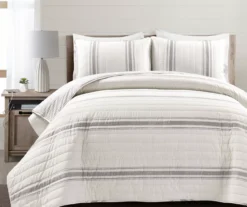 Beige & Gray Stripe Full/Queen 3-Piece Quilt Set