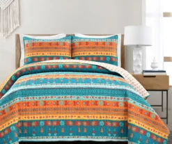 Turquoise & Orange Geometric Boho Watercolor Quilt Set