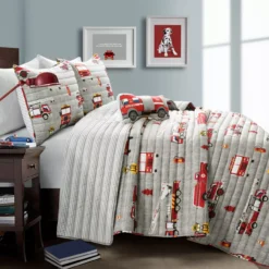 Gray & Red Fire Truck Twin 3-Piece Quilt Set -Hoover Sales Store 810553048 11