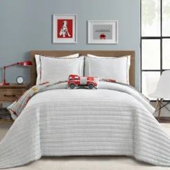 Gray & Red Fire Truck Twin 3-Piece Quilt Set -Hoover Sales Store 810553048 2