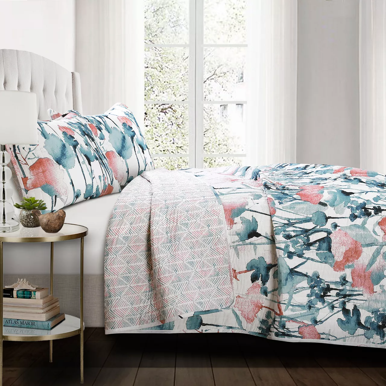 Zuri White, Orange & Blue Pattern Block Full/Queen 3-Piece Quilt Set 2 Zuri White, Orange & Blue Pattern Block Full/Queen 3-Piece Quilt Set - Image 2