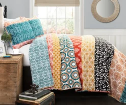 Zuri White, Orange & Blue Pattern Block Full/Queen 3-Piece Quilt Set