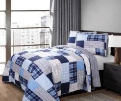 Greenville Navy & Blue Plaid Patchwork Full/Queen 3-Piece Quilt Set -Hoover Sales Store 810553070 2
