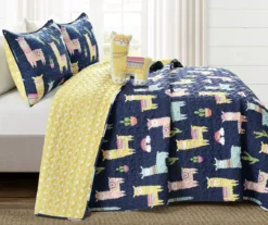 Navy & Pastel Llama Cactus Reversible Full/Queen 4-Piece Quilt Set