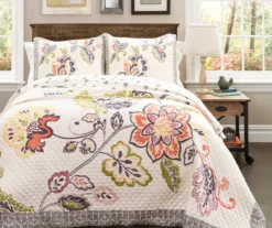 Aster Coral & Navy Floral King 3-Piece Quilt Set