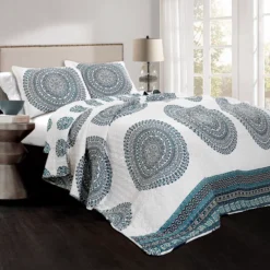 Shaila White & Blue Medallion King 3-Piece Quilt Set -Hoover Sales Store 810553309 11