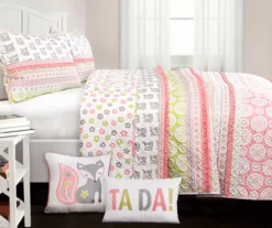 Pink & Gray Fox Ruffle Pattern Block Reversible Twin 4-Piece Quilt Set