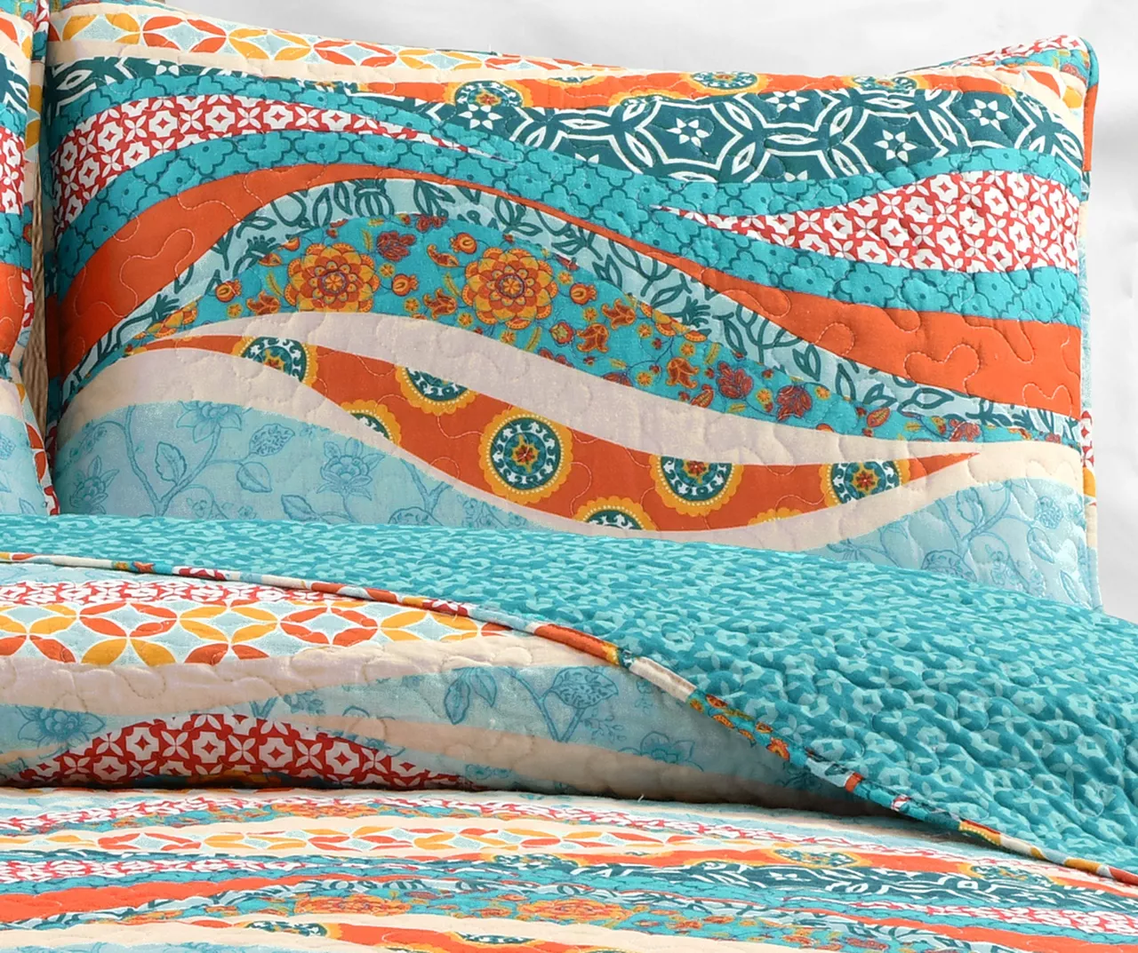 Hailey Turquoise & Orange Pattern Wave Reversible King 3-Piece Quilt Set 6 Hailey Turquoise & Orange Pattern Wave Reversible King 3-Piece Quilt Set - Image 6