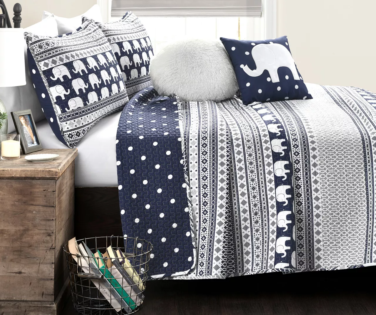 Navy & White Elephant Geometric Stripe Reversible Full/Queen 5-Piece Quilt Set 1 Navy & White Elephant Geometric Stripe Reversible Full/Queen 5-Piece Quilt Set