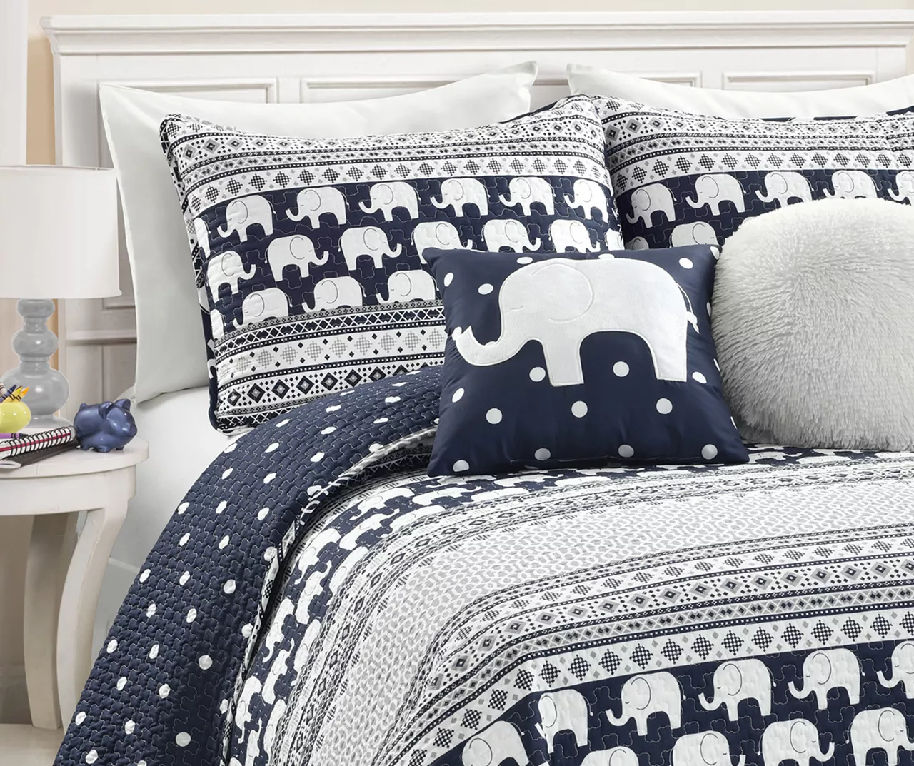 Navy & White Elephant Geometric Stripe Reversible Full/Queen 5-Piece Quilt Set 2 Navy & White Elephant Geometric Stripe Reversible Full/Queen 5-Piece Quilt Set - Image 2