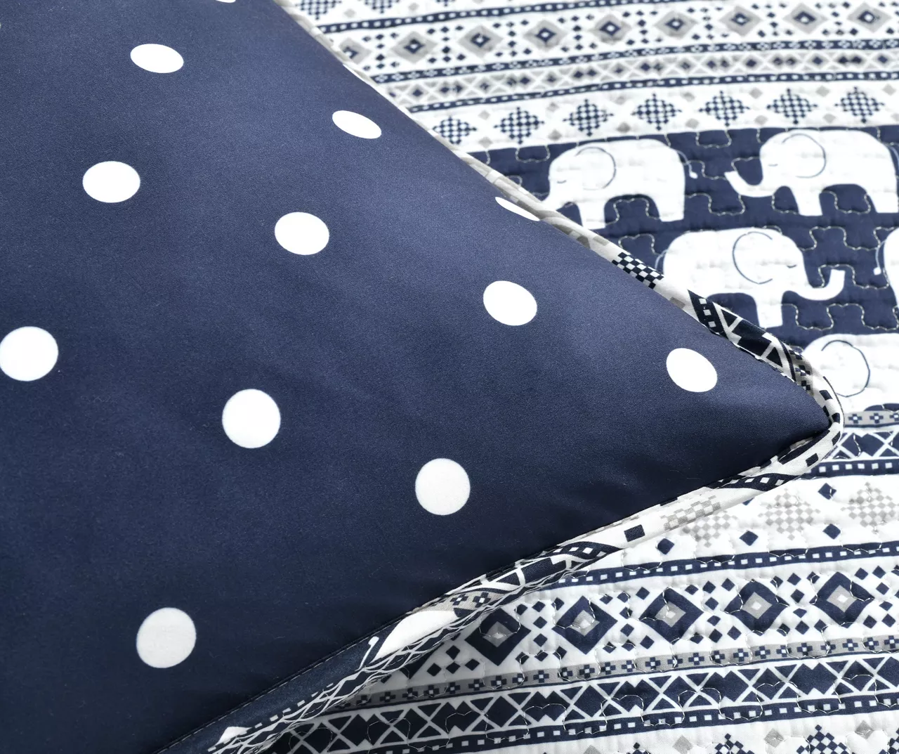 Navy & White Elephant Geometric Stripe Reversible Full/Queen 5-Piece Quilt Set 4 Navy & White Elephant Geometric Stripe Reversible Full/Queen 5-Piece Quilt Set - Image 4
