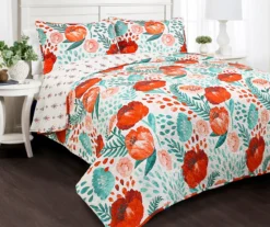 White & Red Poppy Garden Full/Queen 3-Piece Quilt Set