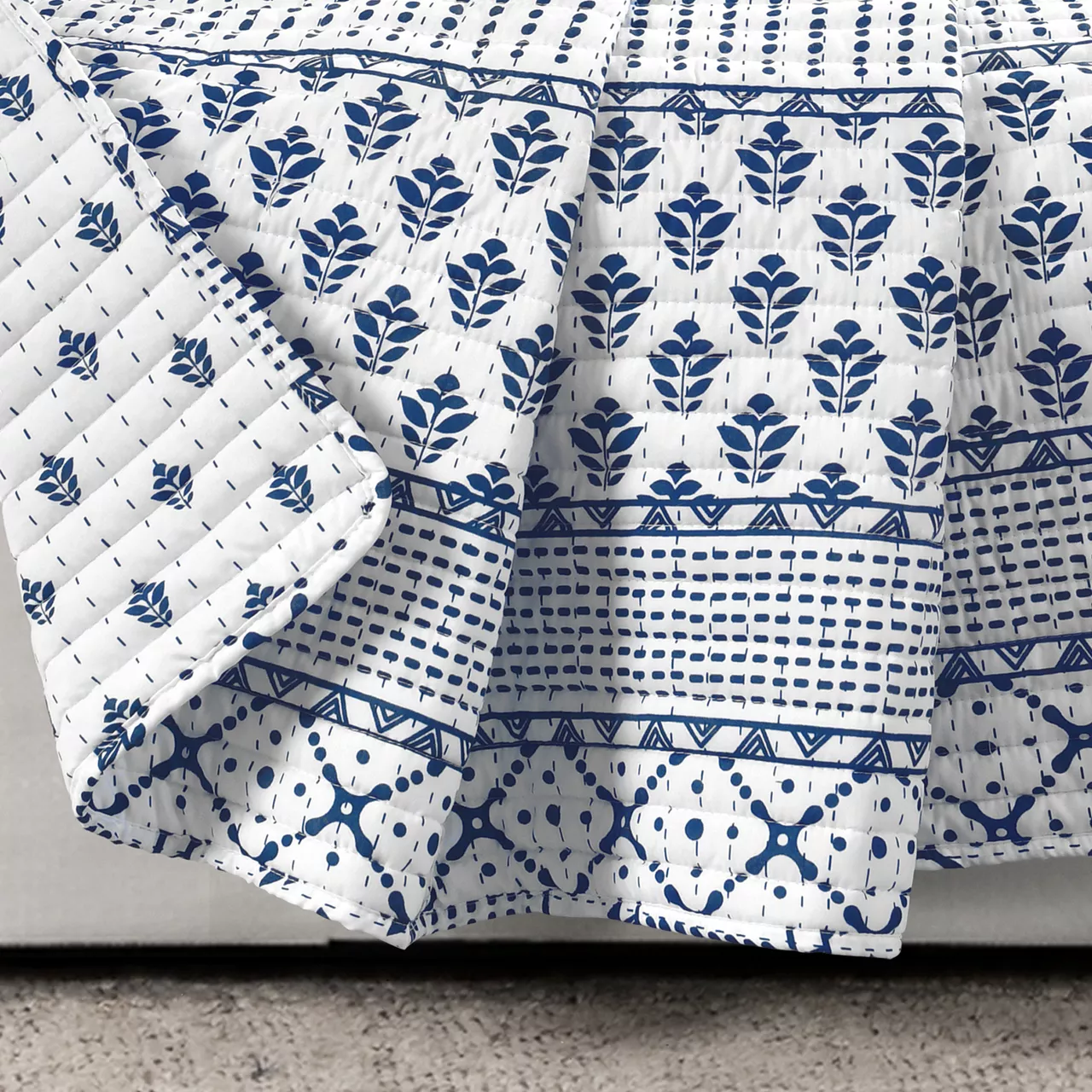 Monique White & Navy Pattern Patchwork Quilted Throw, (50" X 60") 2 Monique White & Navy Pattern Patchwork Quilted Throw, (50" X 60") - Image 2