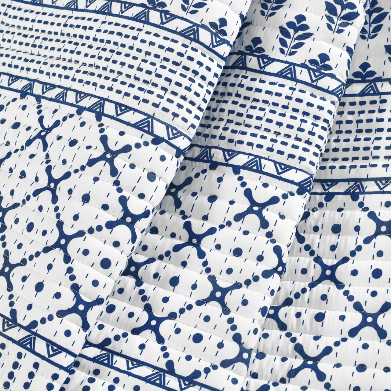 Monique White & Navy Pattern Patchwork Quilted Throw, (50" X 60") 4 Monique White & Navy Pattern Patchwork Quilted Throw, (50" X 60") - Image 4