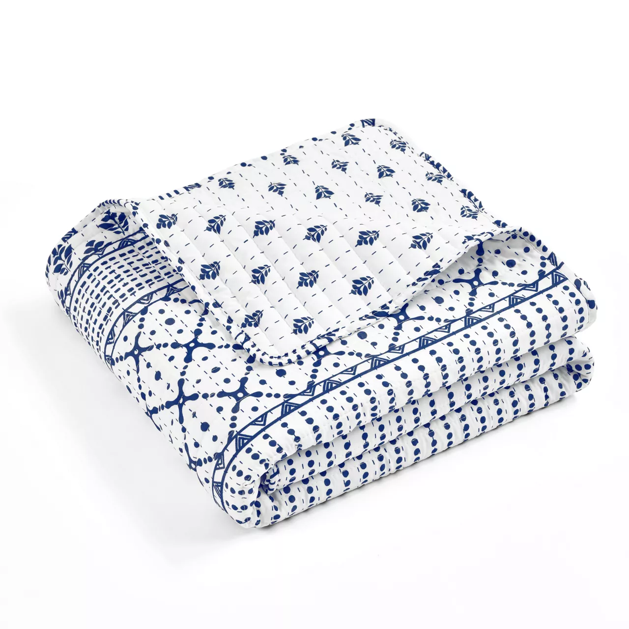 Monique White & Navy Pattern Patchwork Quilted Throw, (50" X 60") 5 Monique White & Navy Pattern Patchwork Quilted Throw, (50" X 60") - Image 5