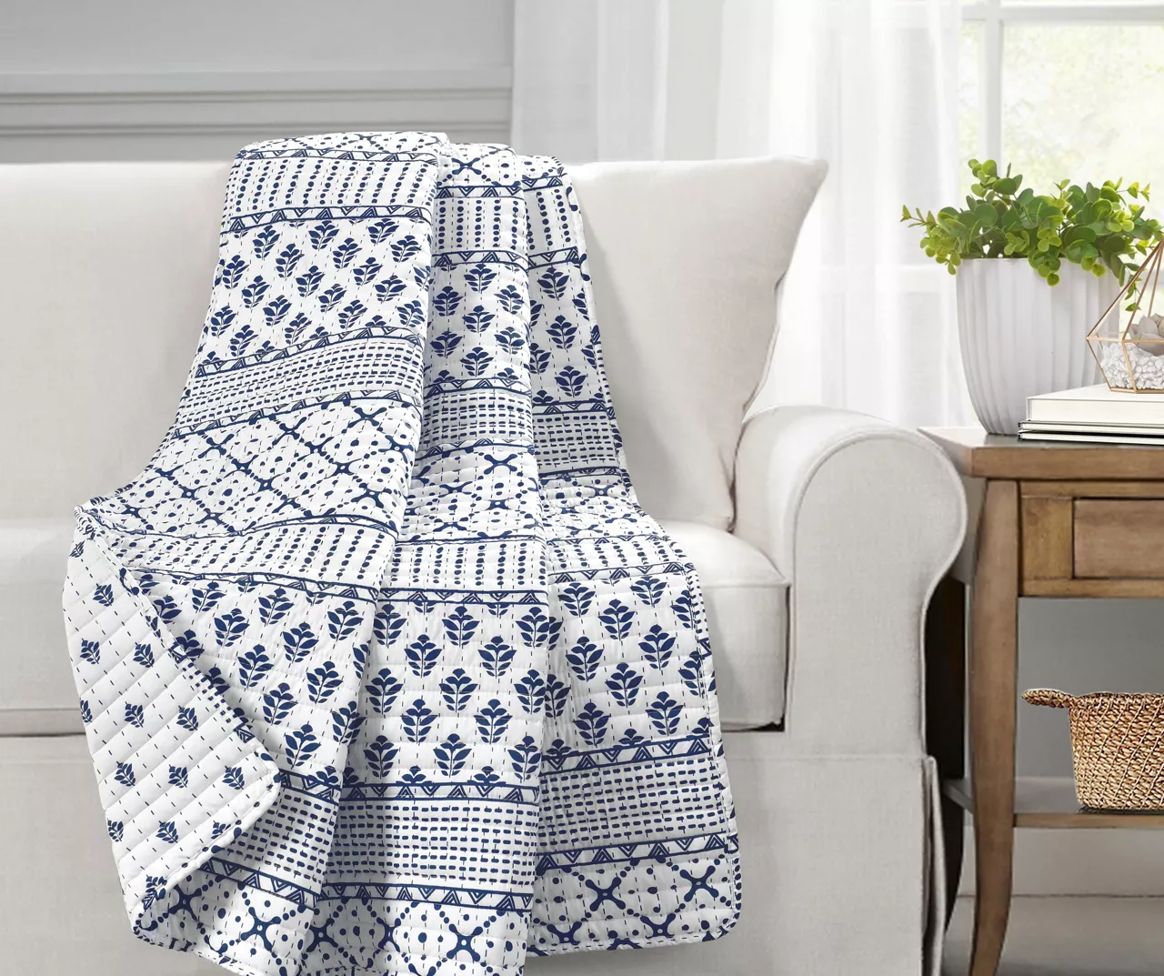 Monique White & Navy Pattern Patchwork Quilted Throw, (50" X 60") 1 Monique White & Navy Pattern Patchwork Quilted Throw, (50" X 60")