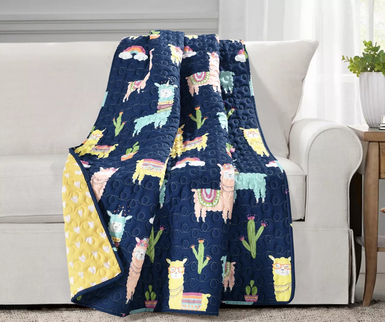Navy & Pastel Llama Cactus Quilted Throw, (50" X 60") 1 Navy & Pastel Llama Cactus Quilted Throw, (50" X 60")