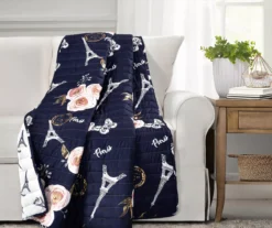 Navy & Peach Botanical Paris Quilted Throw, (50" X 60")