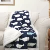 Navy & White Whale Print Quilted Sherpa Throw, (50" X 60")