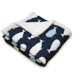 Navy & White Whale Print Quilted Sherpa Throw, (50" X 60") -Hoover Sales Store 810553477 2