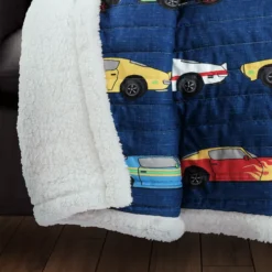 Navy Multicolor Race Cars Quilted Sherpa Throw, (50" X 60") -Hoover Sales Store 810553484 1