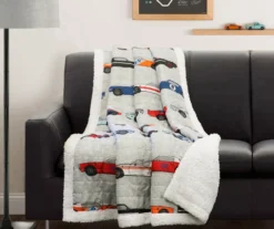 Beige Multicolor Race Cars Quilted Sherpa Throw, (50" X 60") -Hoover Sales Store 810553485