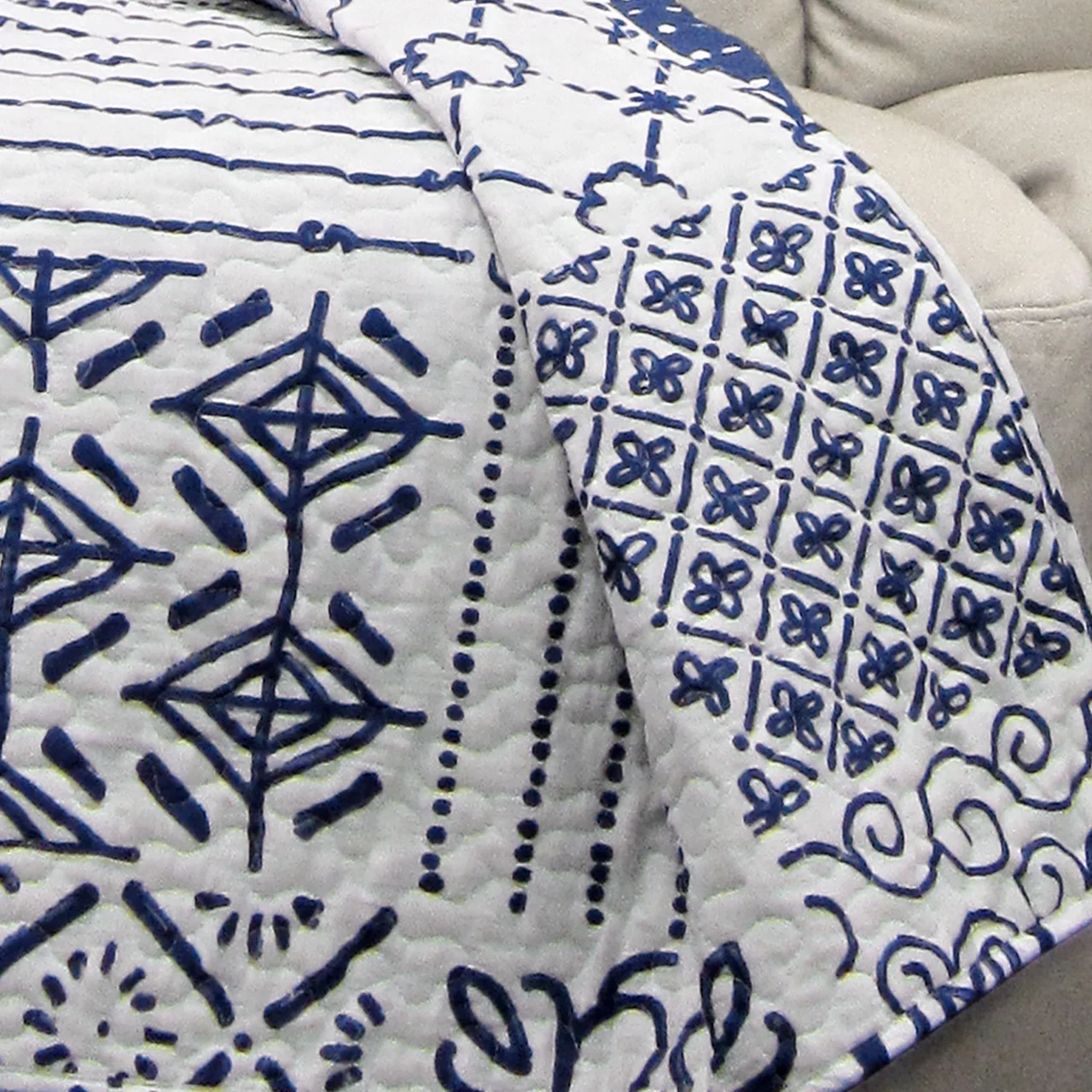 White & Blue Pattern Patchwork Monique Quilted Throw, (50" X 60") 2 White & Blue Pattern Patchwork Monique Quilted Throw, (50" X 60") - Image 2