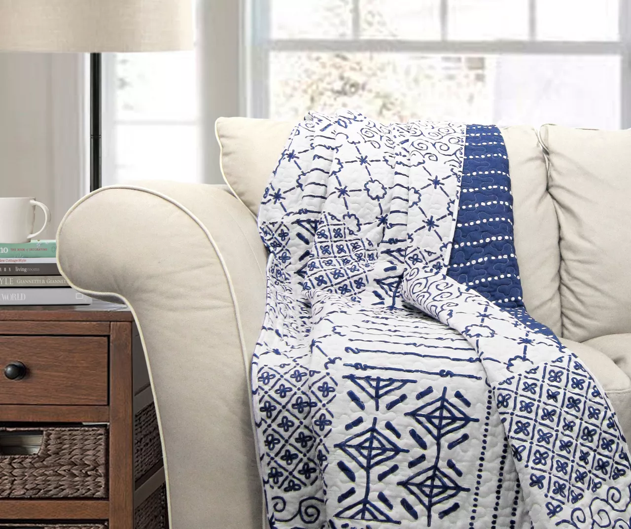 White & Blue Pattern Patchwork Monique Quilted Throw, (50" X 60") 1 White & Blue Pattern Patchwork Monique Quilted Throw, (50" X 60")