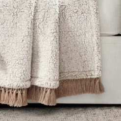 Beige Tassel-Fringe Sherpa Throw, (50" X 60") 7 Beige Tassel-Fringe Sherpa Throw, (50" X 60") -Hoover Sales Store 810553491 1