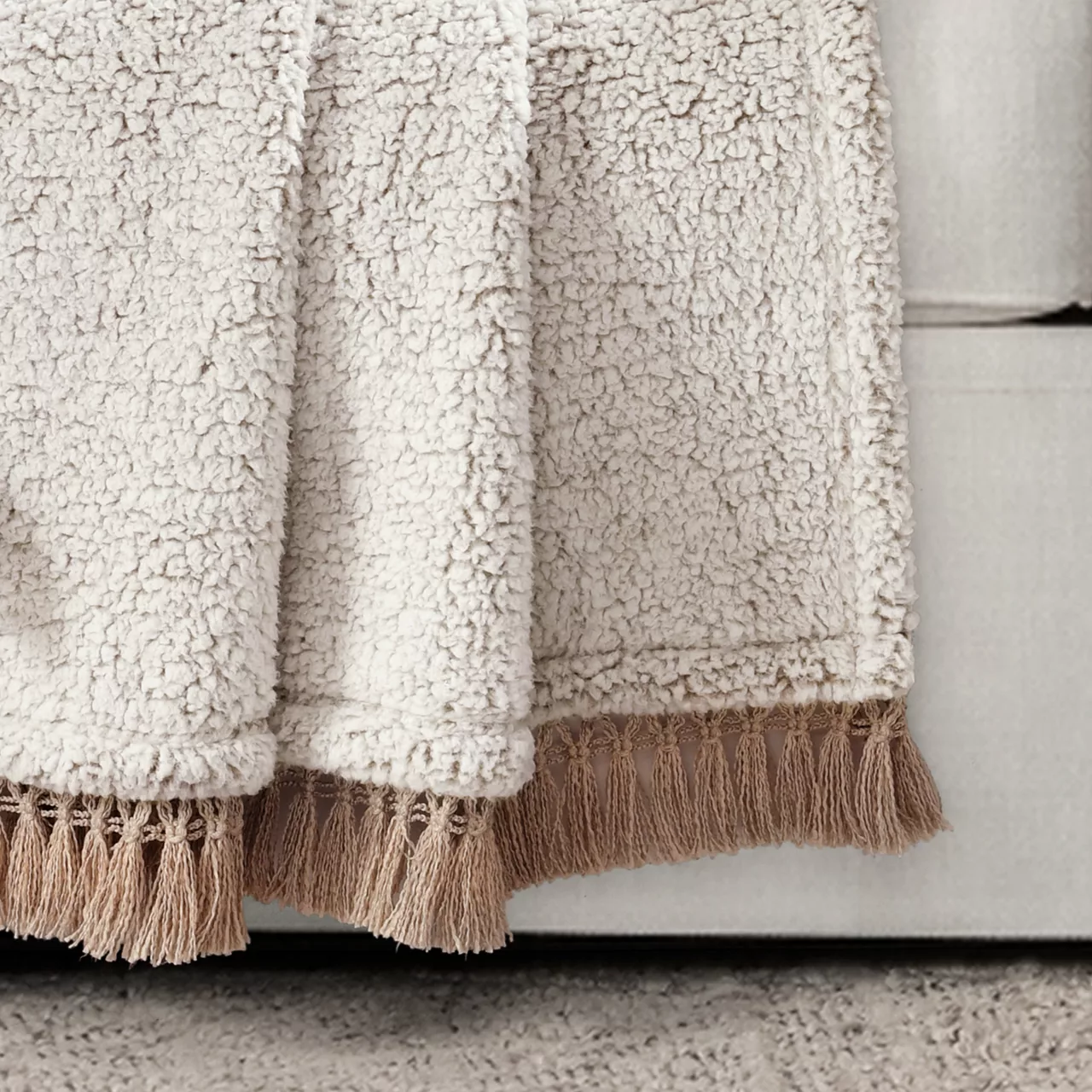 Beige Tassel-Fringe Sherpa Throw, (50" X 60") 3 Beige Tassel-Fringe Sherpa Throw, (50" X 60") - Image 3