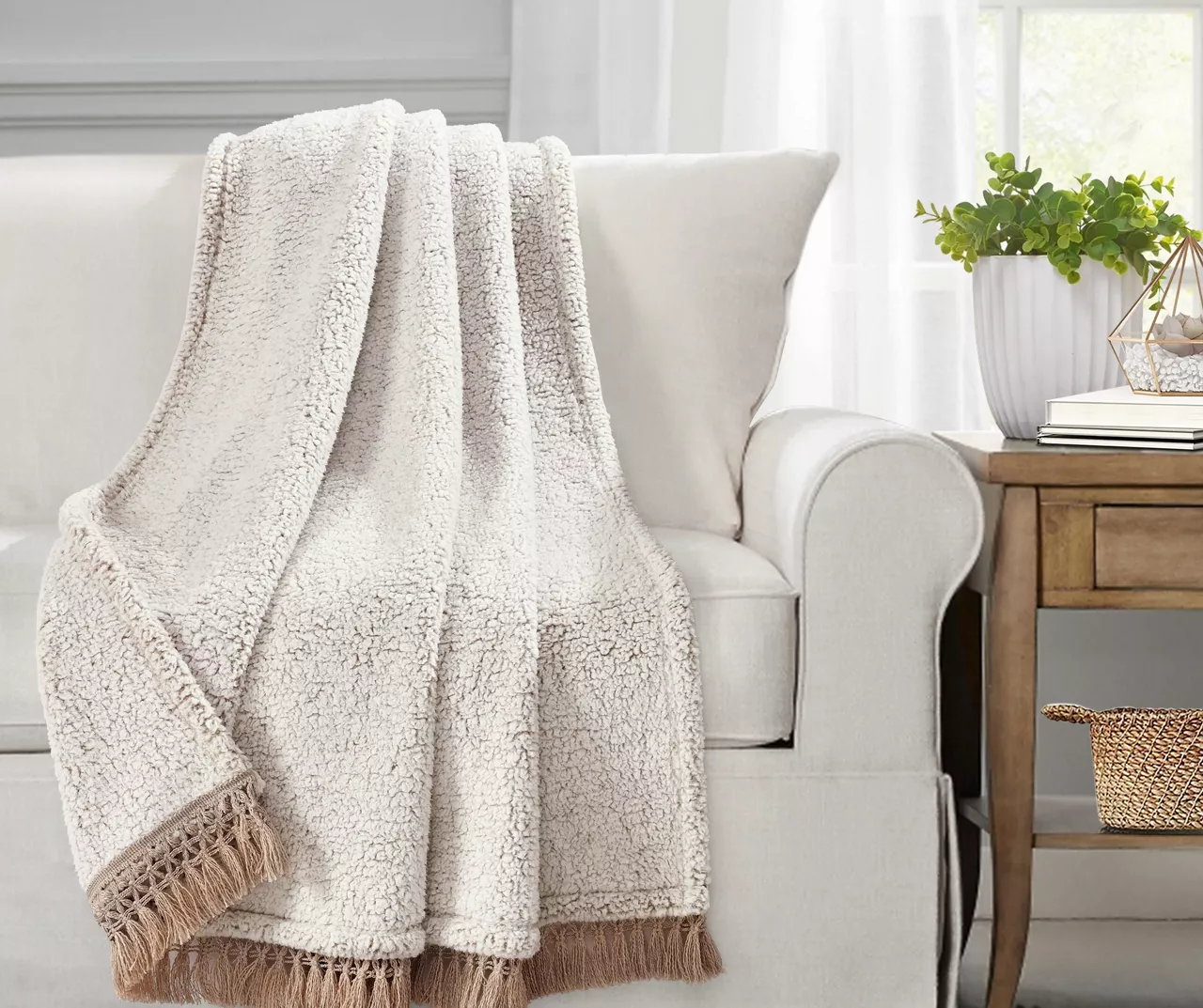 Beige Tassel-Fringe Sherpa Throw, (50" X 60") 2 Beige Tassel-Fringe Sherpa Throw, (50" X 60") - Image 2
