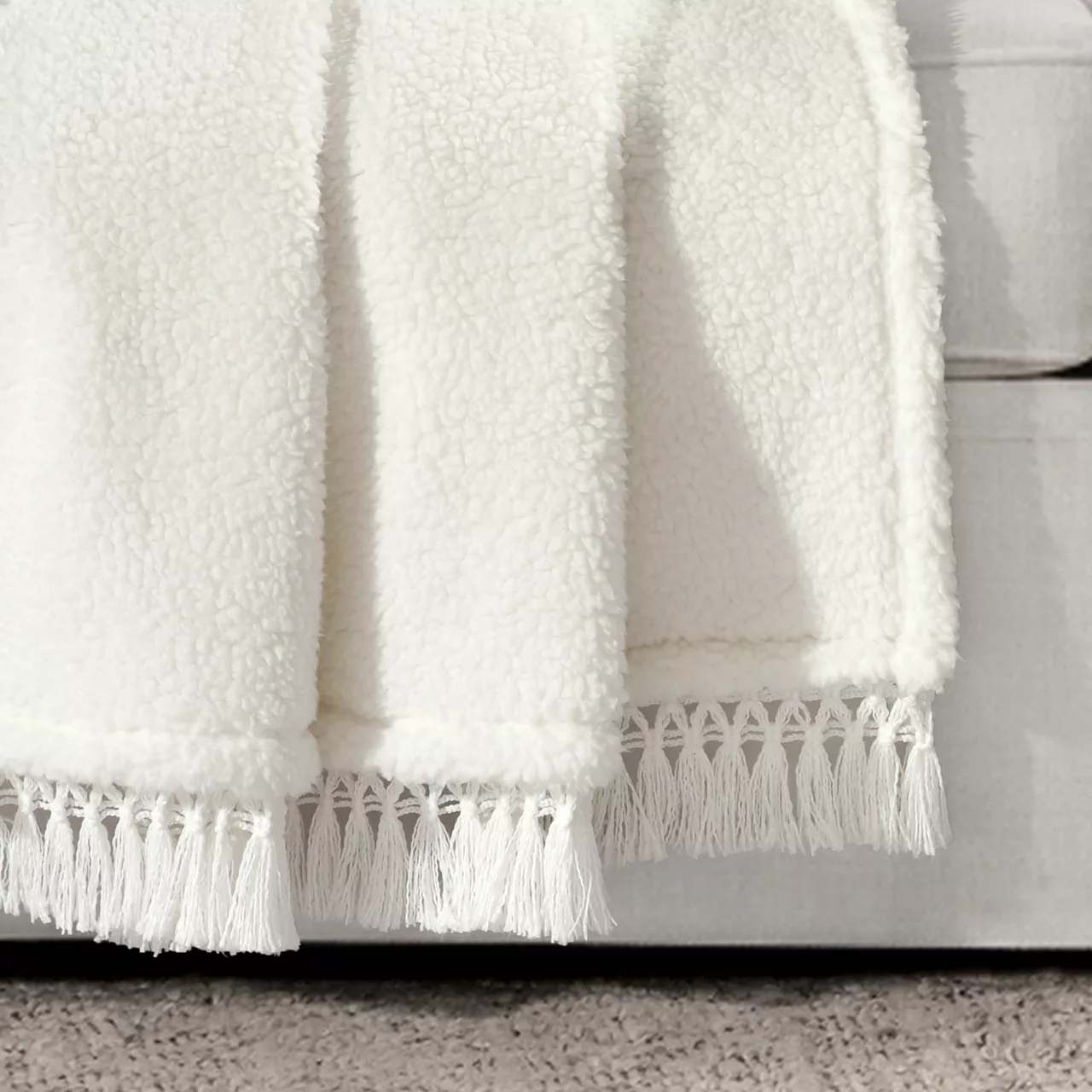 White Tassel-Fringe Sherpa Throw, (50" X 60") 3 White Tassel-Fringe Sherpa Throw, (50" X 60") - Image 3