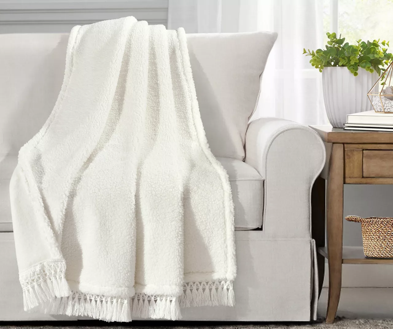 White Tassel-Fringe Sherpa Throw, (50" X 60") 2 White Tassel-Fringe Sherpa Throw, (50" X 60") - Image 2